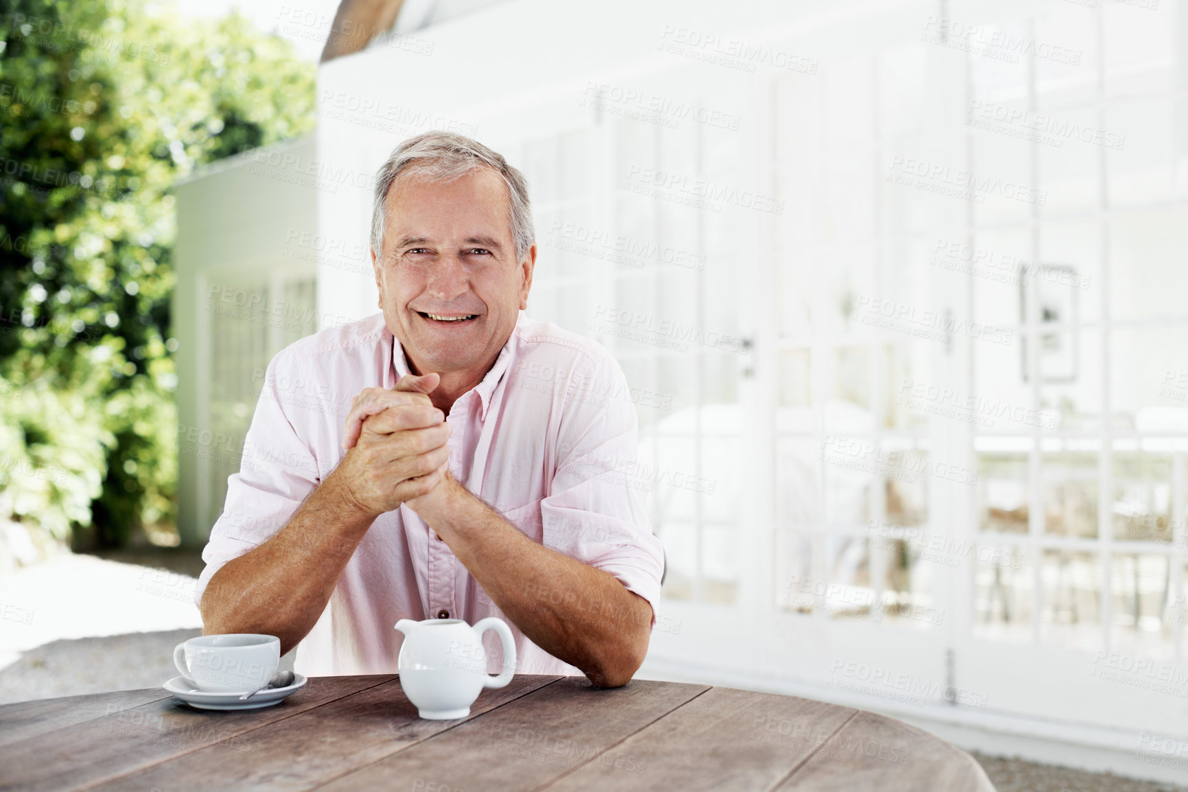 Buy stock photo Elderly, man and smile portrait in backyard for morning fresh air, weekend break and peaceful. Pensioner, happy senior person and relax outdoor at house for comfortable retirement, wellness and space