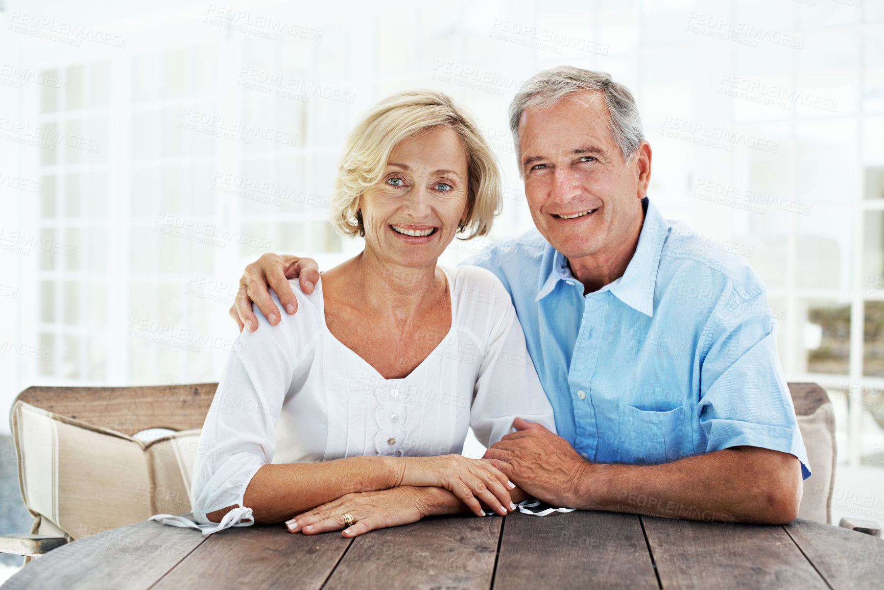 Buy stock photo Portrait, old couple and hug in backyard with smile, love and partner support for bonding. Happy, senior people and embrace at house with affection, connection and healthy relationship for retirement