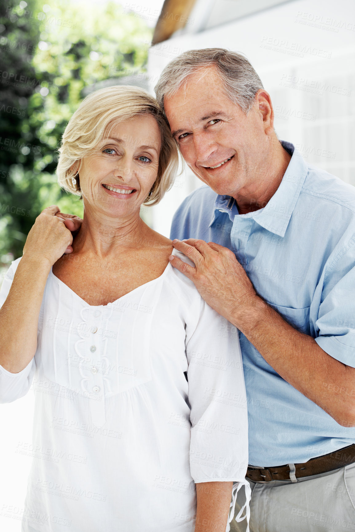 Buy stock photo Portrait, old couple and holding hands outdoor with smile, love and affection for bonding together. Happy, senior people or embrace in home with support, connection and retirement break for fresh air