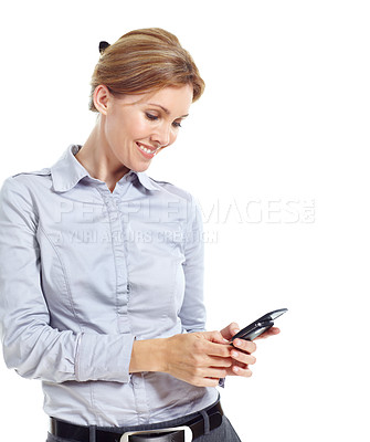 Buy stock photo Phone, space and businesswoman in studio with texting, chatting or communication on mobile app. Tech, contact and corporate employee with cellphone for online email for feedback on white background.