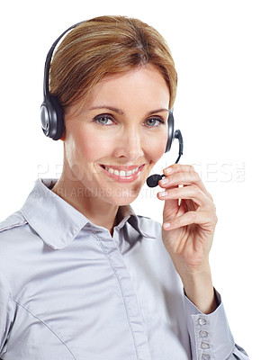 Buy stock photo Portrait, business and woman in studio for call center, online consulting and contact us with headset. Happy, agent and person with mic for customer support, crm service and help on white background