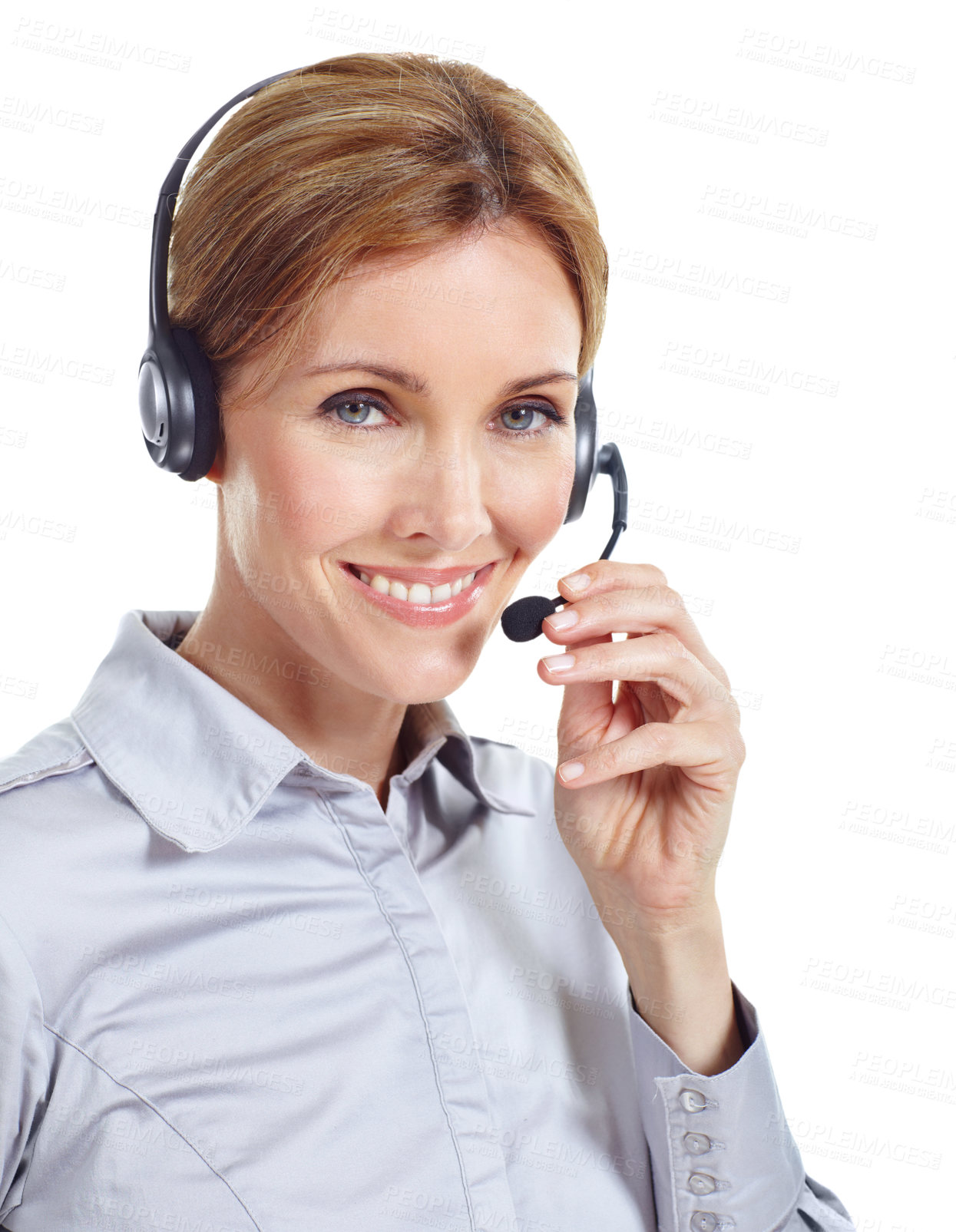 Buy stock photo Portrait, business and woman in studio for call center, online consulting and contact us with headset. Happy, agent and person with mic for customer support, crm service and help on white background