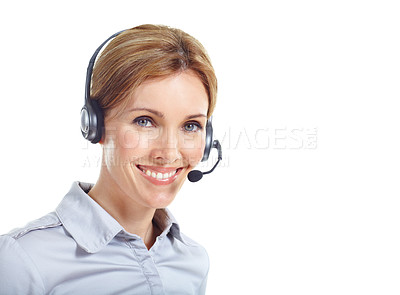 Buy stock photo Portrait, space and woman in studio for call center, online consulting and contact us with headset. Happy, business and person with mic for customer support, crm service and help on white background