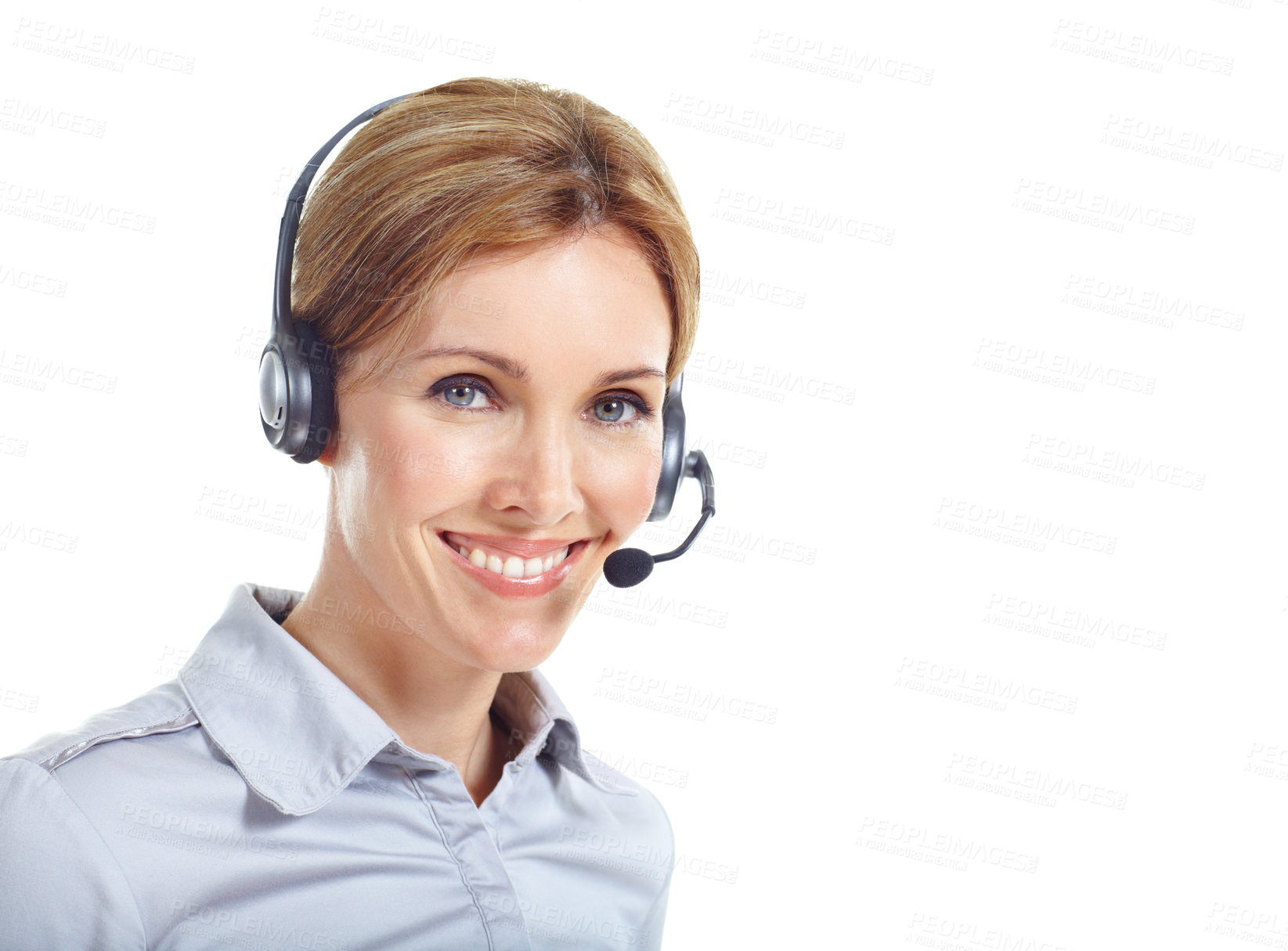 Buy stock photo Portrait, space and woman in studio for call center, online consulting and contact us with headset. Happy, business and person with mic for customer support, crm service and help on white background