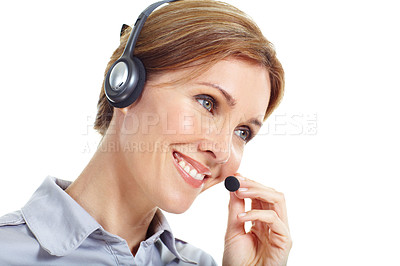 Buy stock photo Happy, business and woman in studio for call center, online consulting and contact us with headset. Smile, space and person with mic for customer support, crm service and help on white background