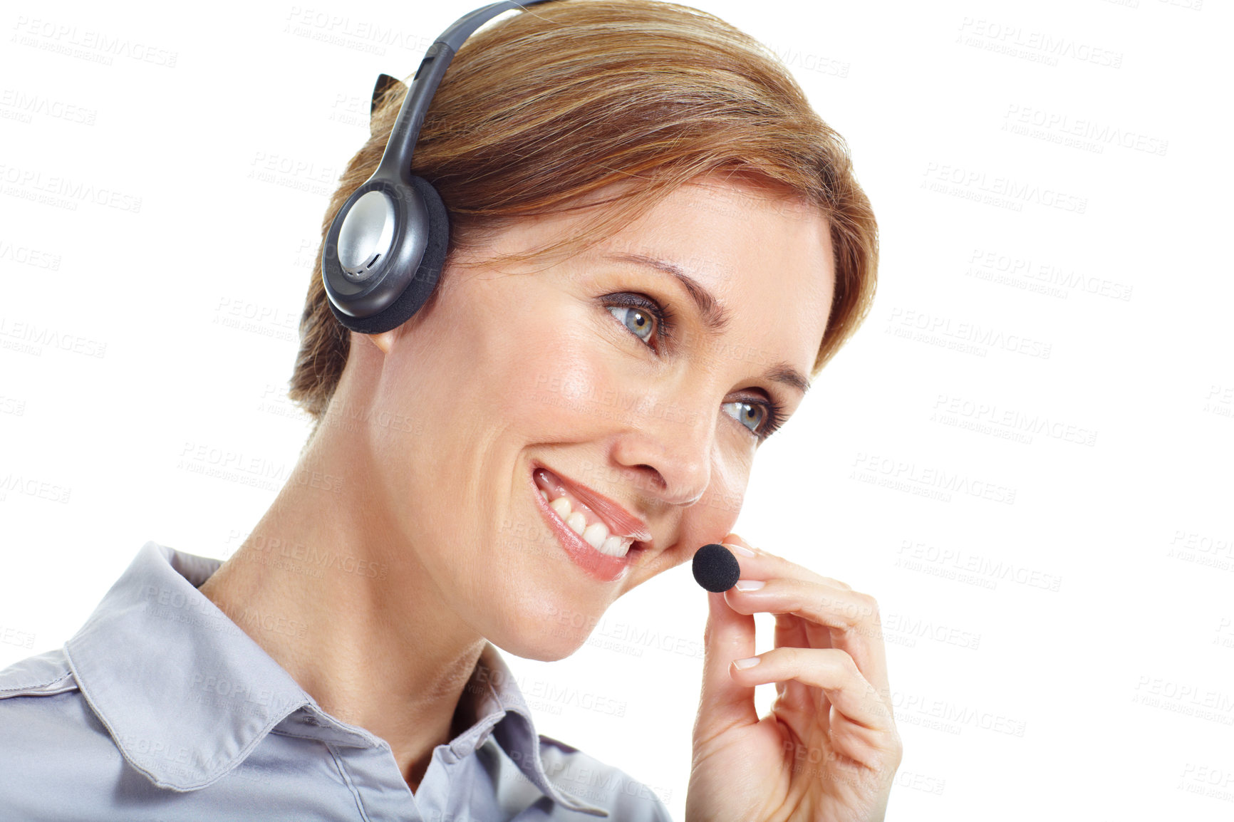 Buy stock photo Happy, business and woman in studio for call center, online consulting and contact us with headset. Smile, space and person with mic for customer support, crm service and help on white background
