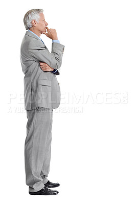 Buy stock photo Thinking, space and business man in studio for financial decision, problem solving and solution. Corporate, mature and person with investment choice, planning and thoughtful on white background