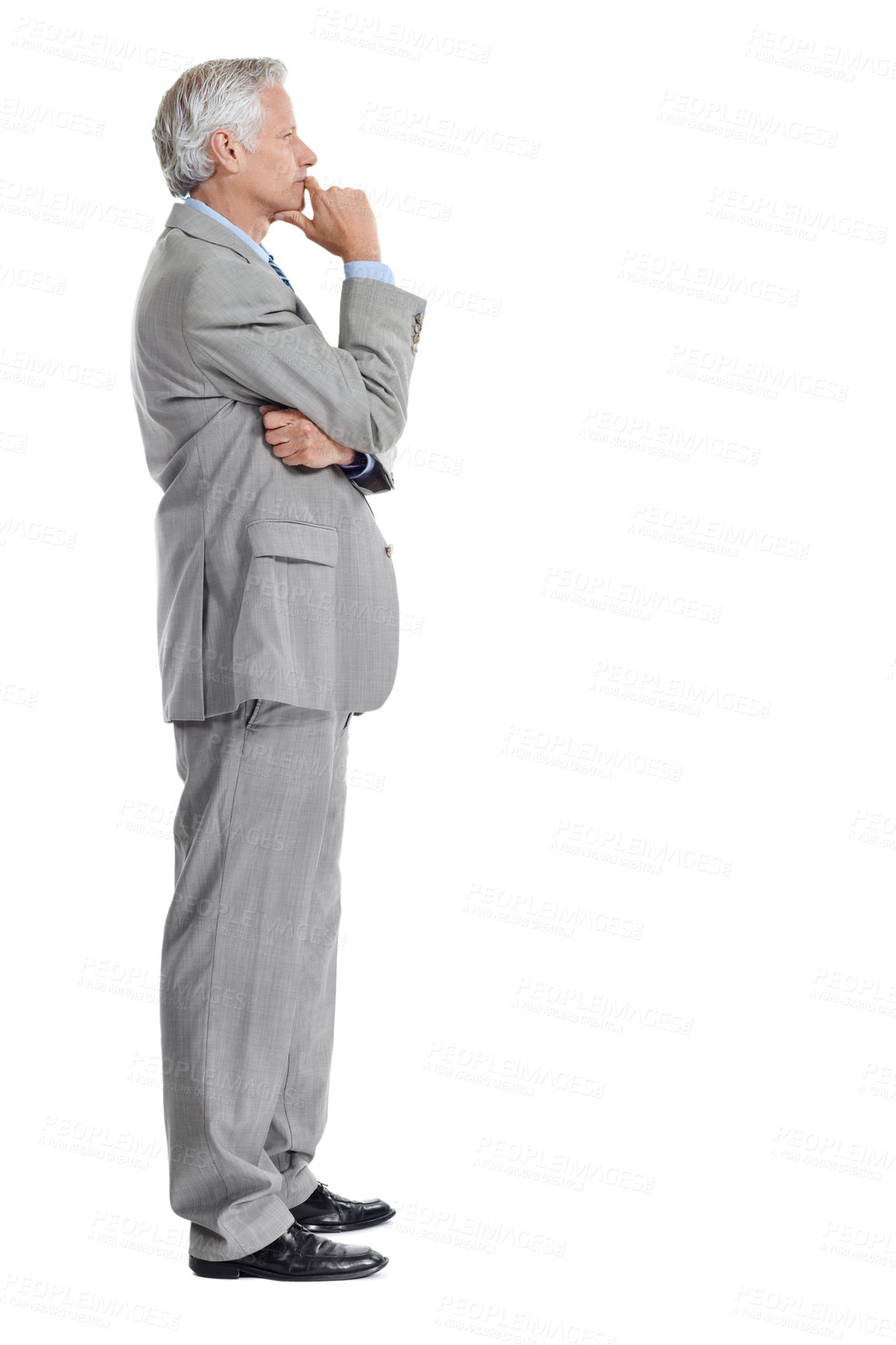 Buy stock photo Thinking, space and business man in studio for financial decision, problem solving and solution. Corporate, mature and person with investment choice, planning and thoughtful on white background