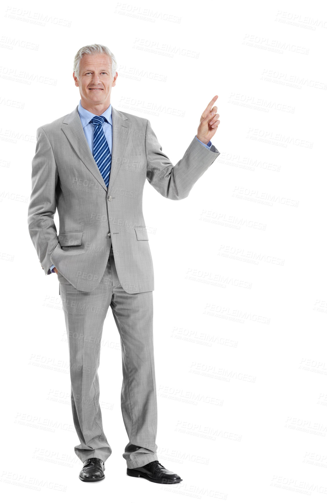 Buy stock photo Portrait, mature or businessman pointing in studio for advertising on a white background. Man, CEO or executive employee with smile or showcase for business presentation or marketing on mockup space