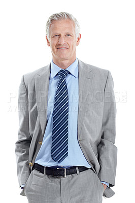 Buy stock photo Business, man and smile in studio portrait for property development, housing experience or pride. Developer, mature person and happy on white background for real estate expert, about us or confidence