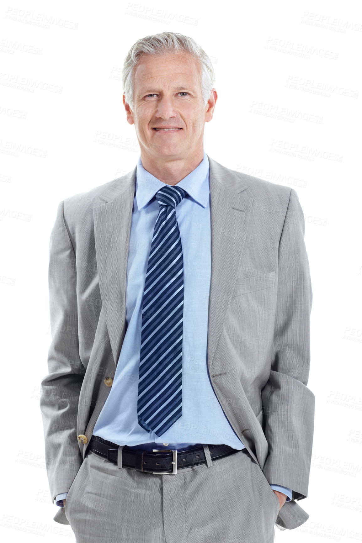 Buy stock photo Business, man and smile in studio portrait for property development, housing experience or pride. Developer, mature person and happy on white background for real estate expert, about us or confidence