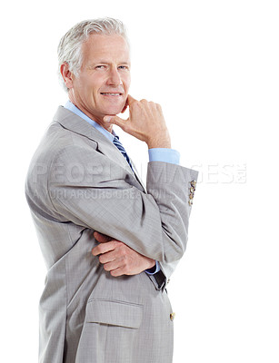 Buy stock photo Thinking, happy and portrait of businessman in studio with ideas or decision for finance career. Smile, plan and mature financial manager with choice for investment opportunity on white background.