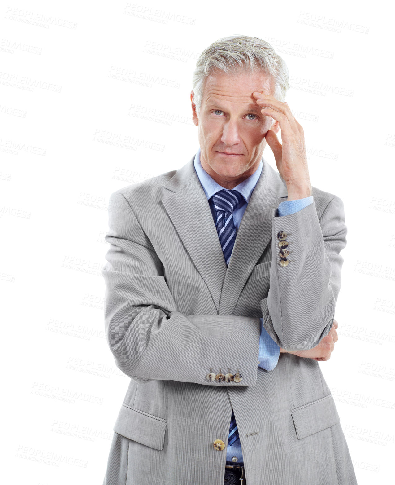 Buy stock photo Thinking, stress and portrait of businessman in studio with decision for finance career. Frustration, plan and mature financial manager with choice for investment opportunity on white background.