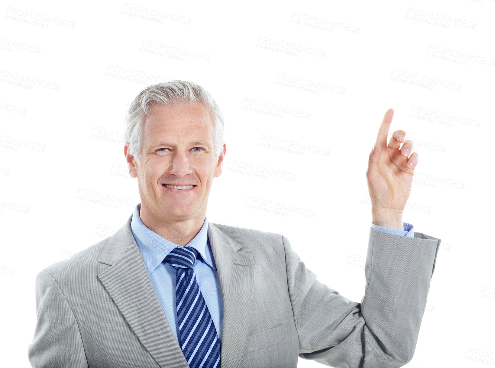 Buy stock photo Business, happy and portrait of mature man pointing in studio for advertising on a white background. Employee, executive and person with smile for deal, marketing or presentation on mockup space