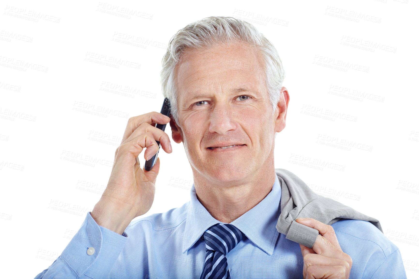 Buy stock photo Portrait, business and man in studio for phone call, communication and finance negotiation. Corporate, manager and mature person on cellphone for discussion, contact and advice on white background