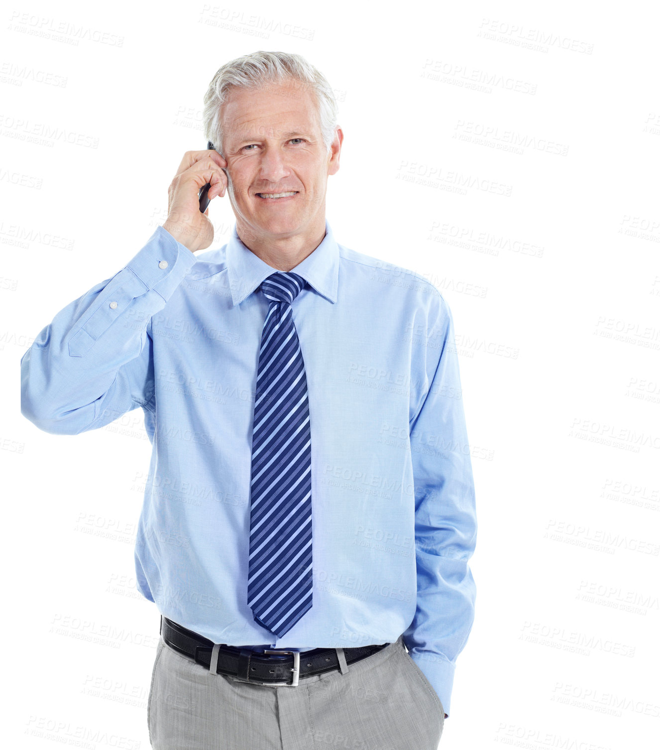 Buy stock photo Portrait, mature and businessman in studio for phone call, communication and finance negotiation. Corporate, manager and person on cellphone for discussion, contact and talking on white background