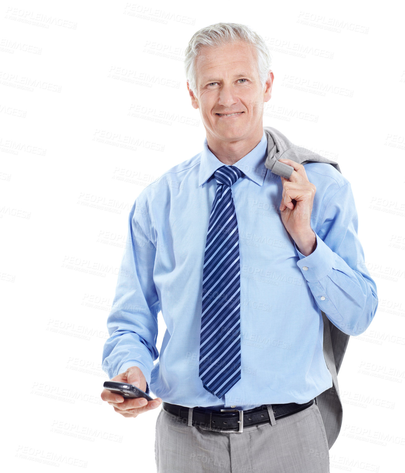 Buy stock photo Business, man or smile with phone in studio for property listing, calendar planning or about us. Portrait, real estate or mature agent with tech on white background for client chat, email or research