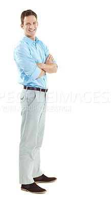 Buy stock photo Space, portrait and business man in studio for entrepreneurship, finance startup and career. Professional, happy and person with pride, smile and opportunity for financial advisor on white background