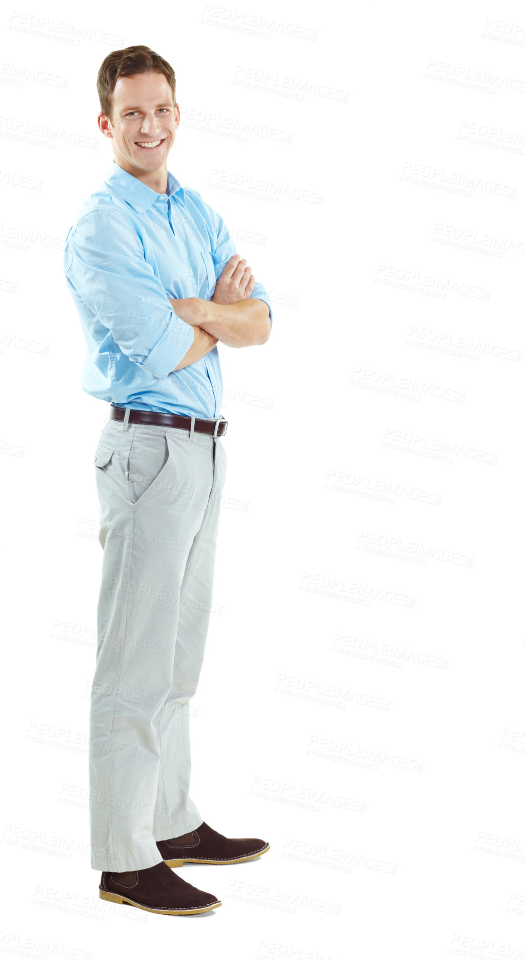 Buy stock photo Space, portrait and business man in studio for entrepreneurship, finance startup and career. Professional, happy and person with pride, smile and opportunity for financial advisor on white background