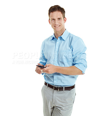 Buy stock photo Business, man or happy with phone in studio for property listing, calendar planning or about us. Space, real estate and agent portrait with tech on white background for market research, chat or email