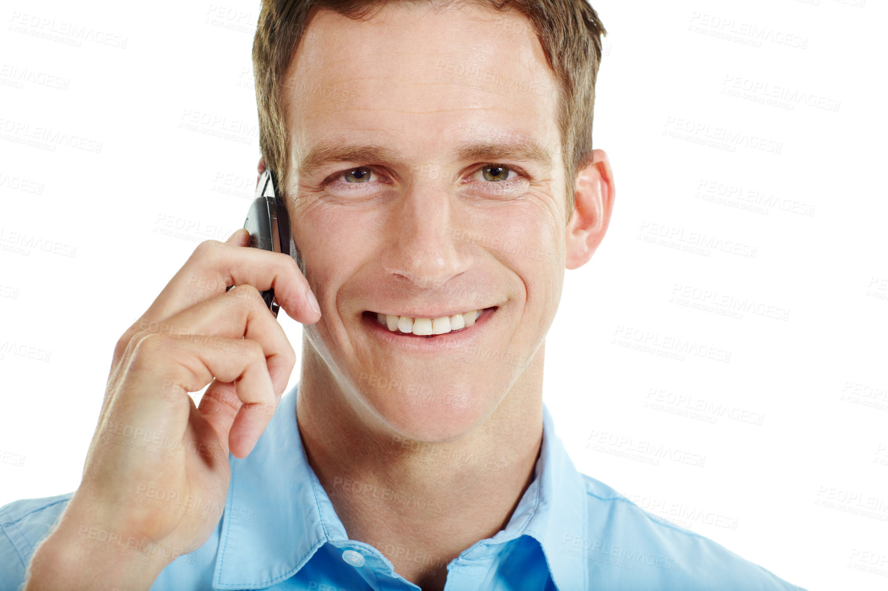 Buy stock photo Happy, portrait and man in studio for phone call, communication and connection for career. Corporate, business consultant and person on cellphone for discussion, contact and chat on white background