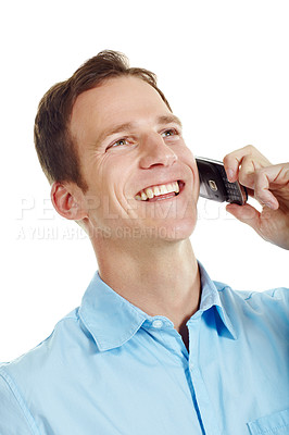 Buy stock photo Laugh, business and man in studio for phone call, communication and funny conversation. Professional, happy and person on cellphone for discussion, contact and talking with joke on white background