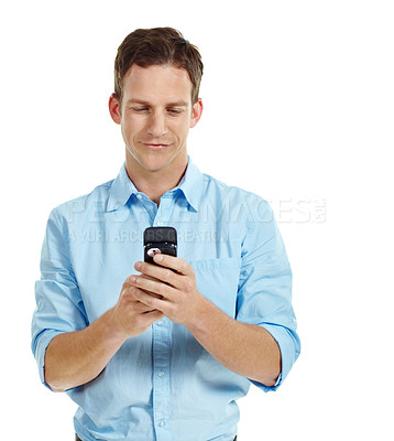 Buy stock photo Phone, space and businessman in studio with texting, chatting or communication on mobile app. Reading, contact and corporate employee with cellphone for online email for feedback on white background.