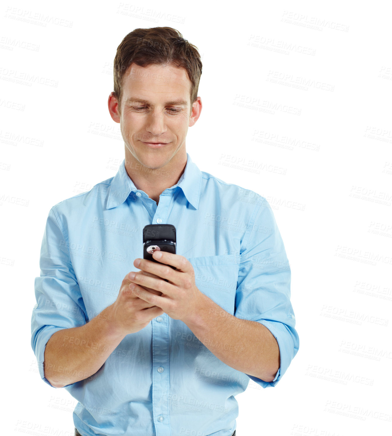 Buy stock photo Phone, space and businessman in studio with texting, chatting or communication on mobile app. Reading, contact and corporate employee with cellphone for online email for feedback on white background.