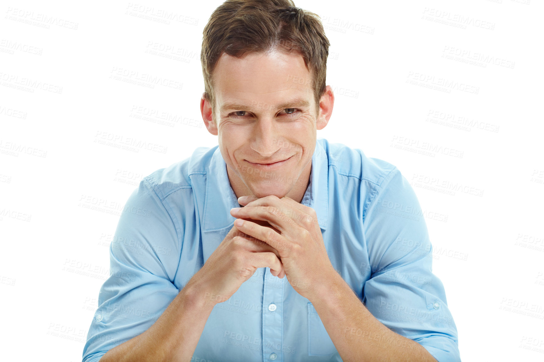 Buy stock photo Confident, portrait and businessman with smile in studio, accountant and ambitious for career growth. Corporate, bookkeeper and happy person with job opportunity, white background and pride in USA