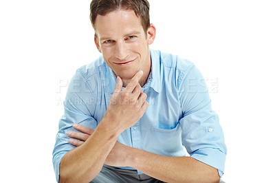 Buy stock photo Confident, portrait and business man in studio for career opportunity, entrepreneur and startup. Space, happy and person with pride for professional venture, growth and ambition on white background