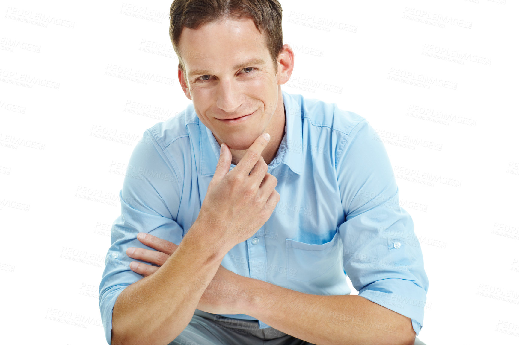Buy stock photo Confident, portrait and business man in studio for career opportunity, entrepreneur and startup. Space, happy and person with pride for professional venture, growth and ambition on white background