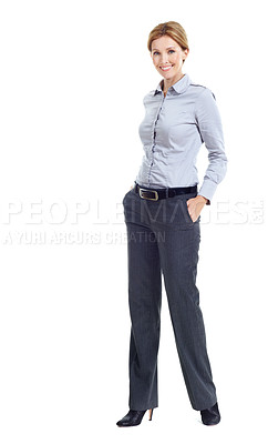 Buy stock photo Corporate, style and portrait of woman in studio for confidence, ambition and job opportunity. Professional, happy and person with business outfit, pride and smile for career on white background