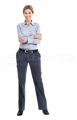 Buy stock photo Crossed arms, happy and portrait of woman in studio for business style, confidence and ambition. Professional, space and person with corporate outfit, pride and smile for career on white background
