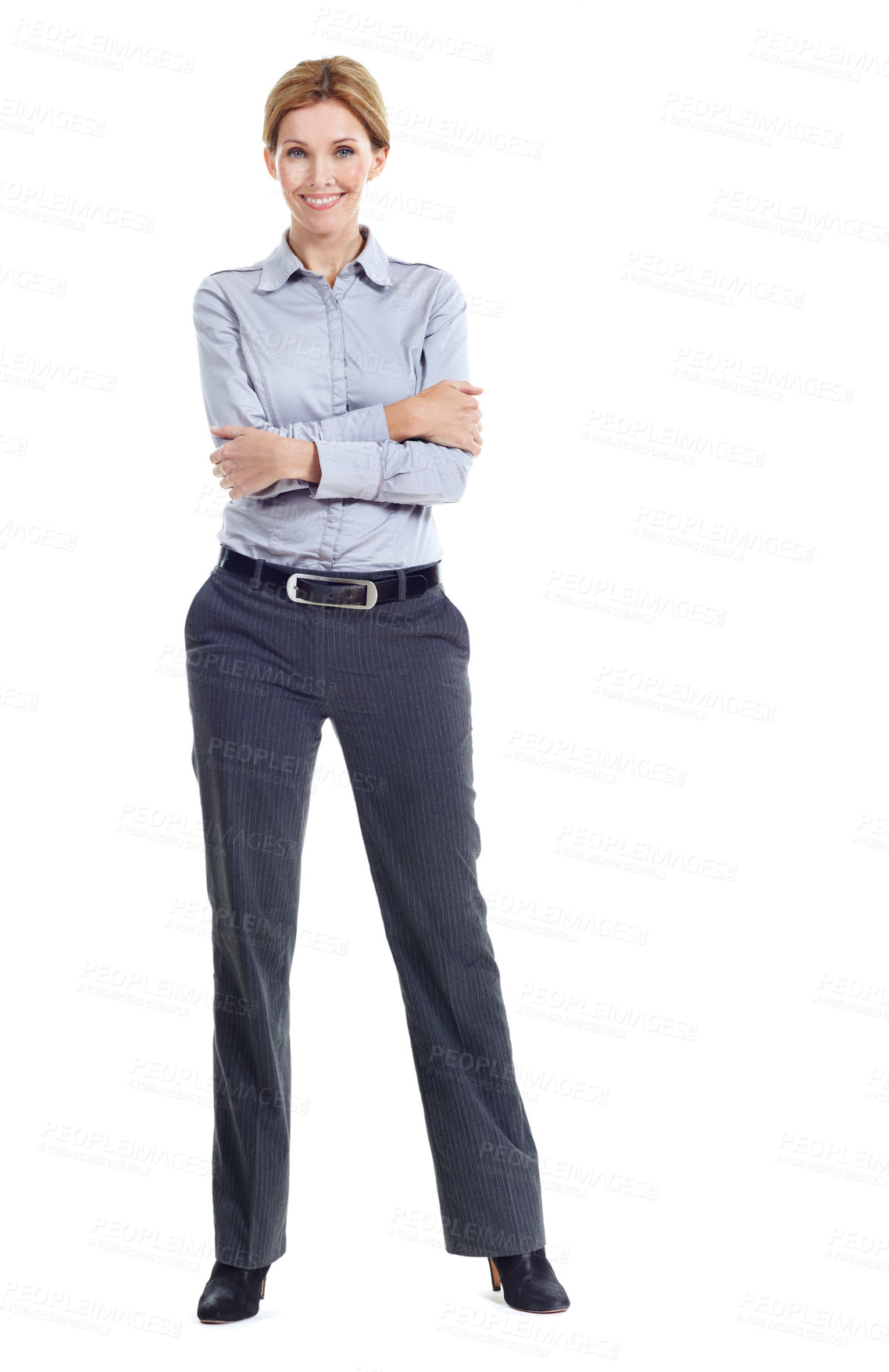 Buy stock photo Crossed arms, happy and portrait of woman in studio for business style, confidence and ambition. Professional, space and person with corporate outfit, pride and smile for career on white background