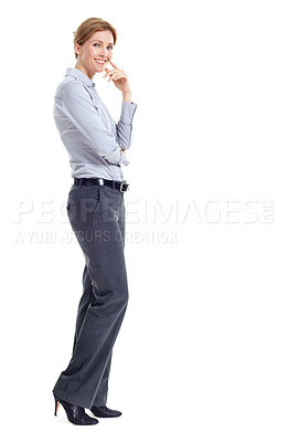 Buy stock photo Happy, portrait and business woman in studio for formal style, confidence and job opportunity. Professional, space and person with corporate outfit, pride and smile for career on white background