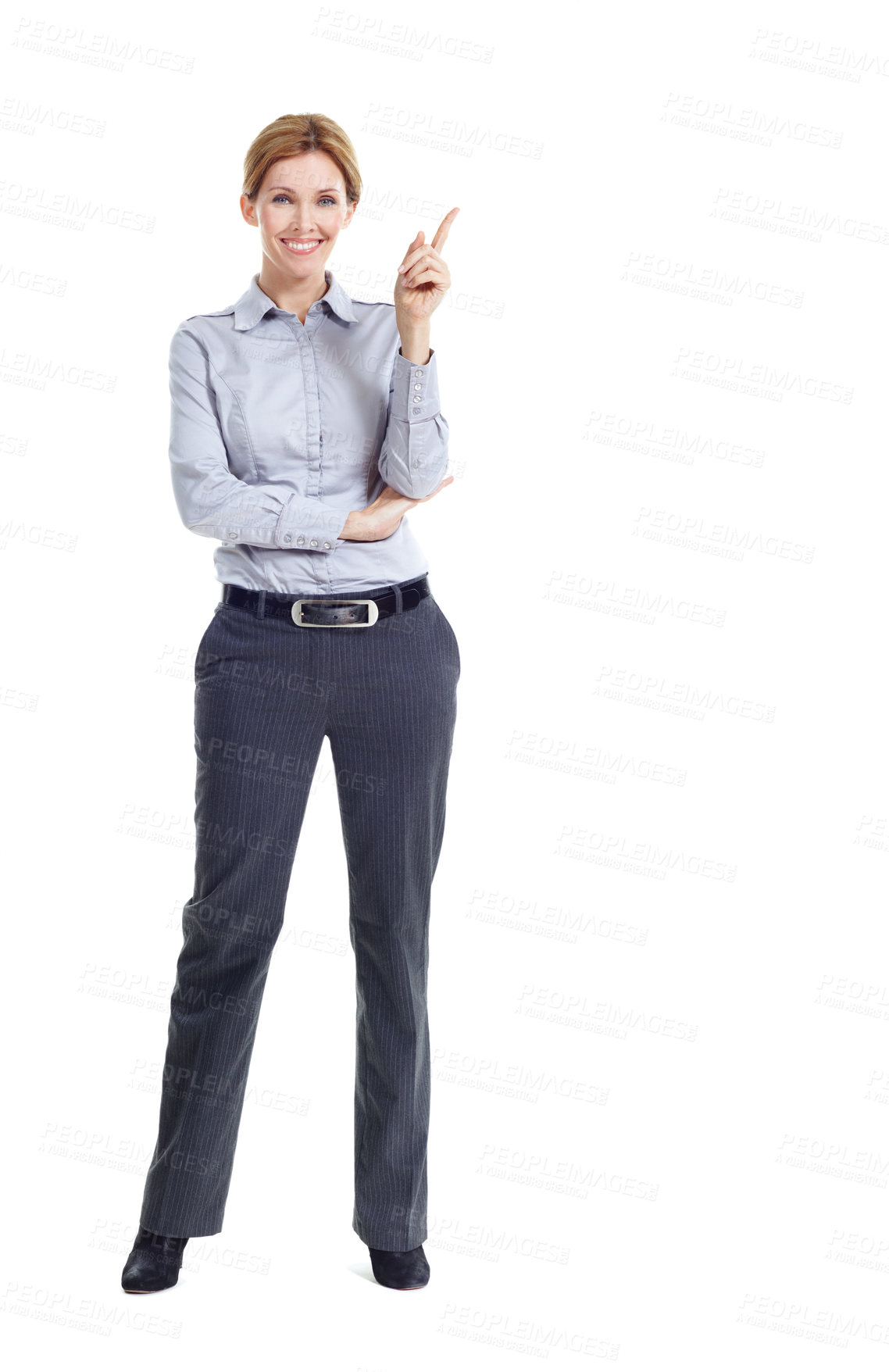Buy stock photo Portrait, business and happy woman pointing in studio for advertising on a white background. Female person, employee or smile with solution, idea or option for marketing or list on mockup space