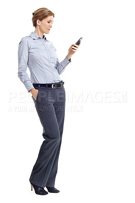 Buy stock photo Phone, typing and businesswoman in studio with texting, chatting or communication on mobile app. Space, contact and corporate employee with cellphone for online email for feedback on white background