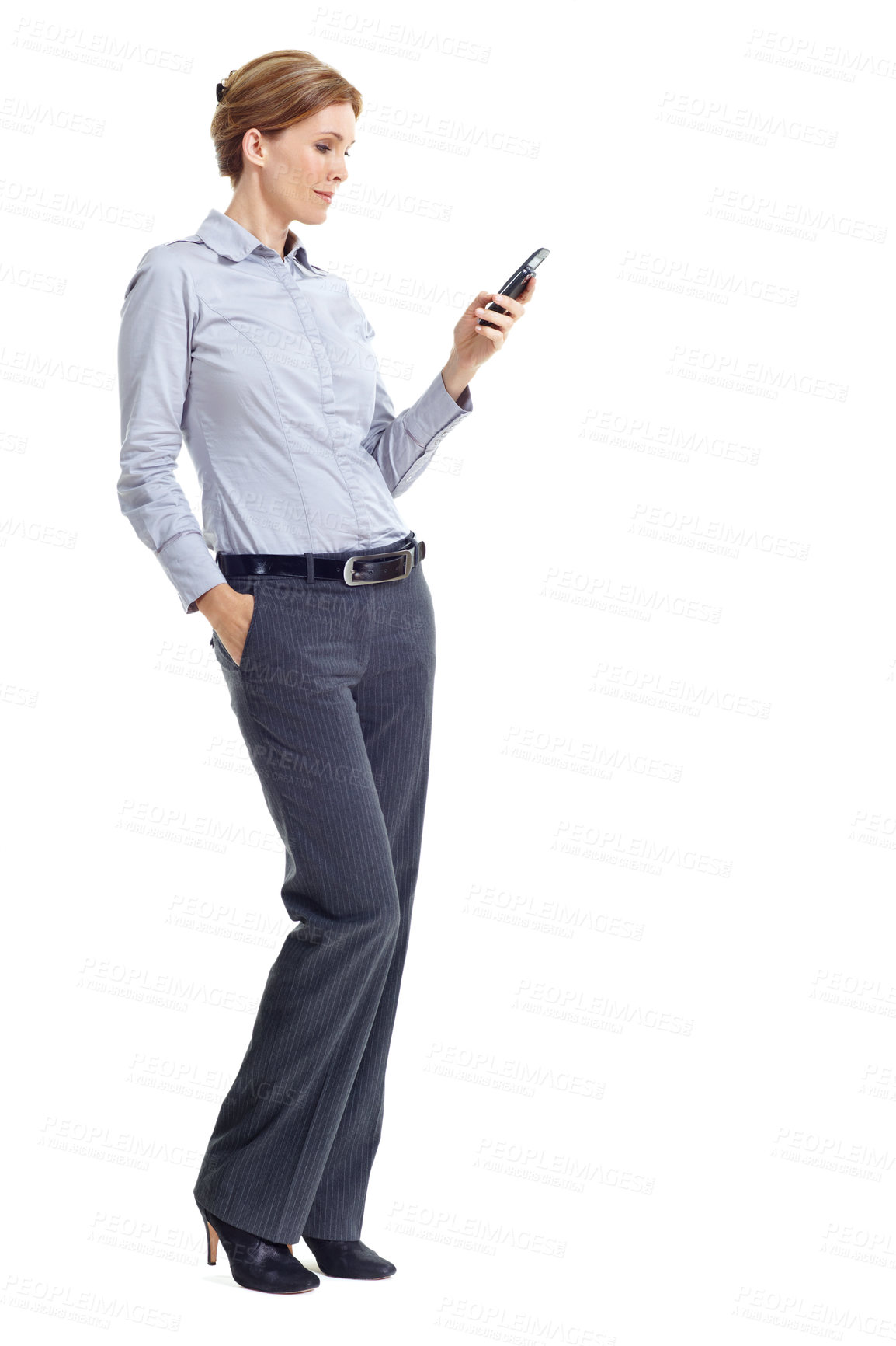 Buy stock photo Phone, typing and businesswoman in studio with texting, chatting or communication on mobile app. Space, contact and corporate employee with cellphone for online email for feedback on white background