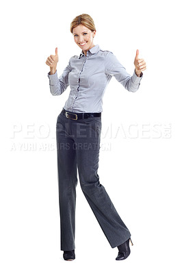 Buy stock photo Portrait, business and happy woman with thumbs up in studio for success on a white background. Female person, employee or smile with like emoji or yes sign for winning, approval or positive feedback