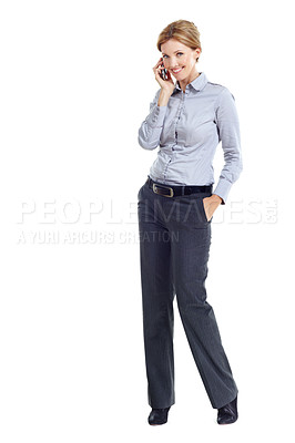 Buy stock photo Phone call, happy and portrait of businesswoman in studio with communication or finance negotiation. Contact, space and financial manager on mobile discussion for feedback by white background.