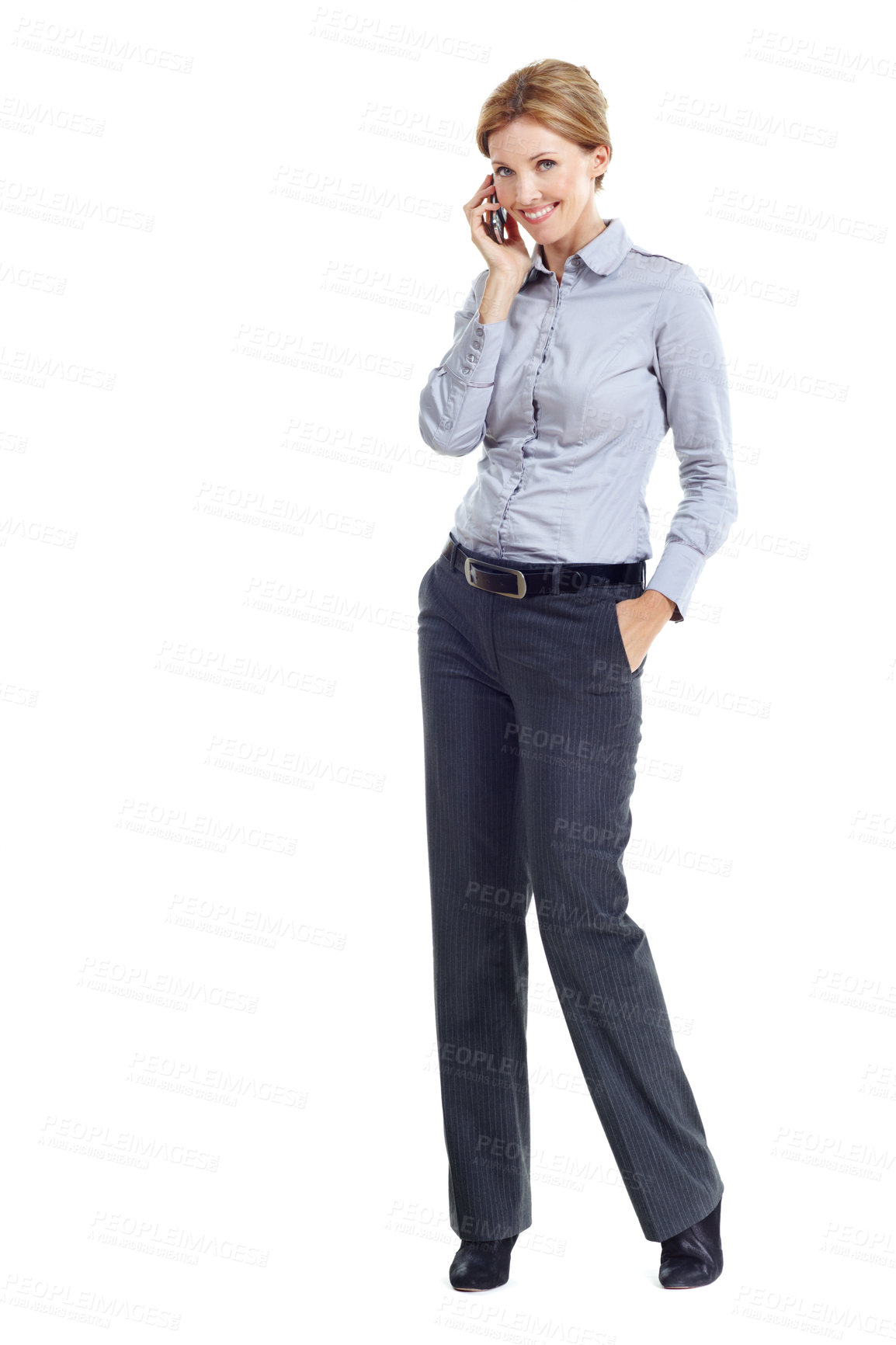 Buy stock photo Phone call, happy and portrait of businesswoman in studio with communication or finance negotiation. Contact, space and financial manager on mobile discussion for feedback by white background.