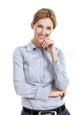 Buy stock photo Business, woman and happy in studio portrait for property consultant, housing expertise or pride. Realtor, person and smile on white background for residential seller, about us and real estate career