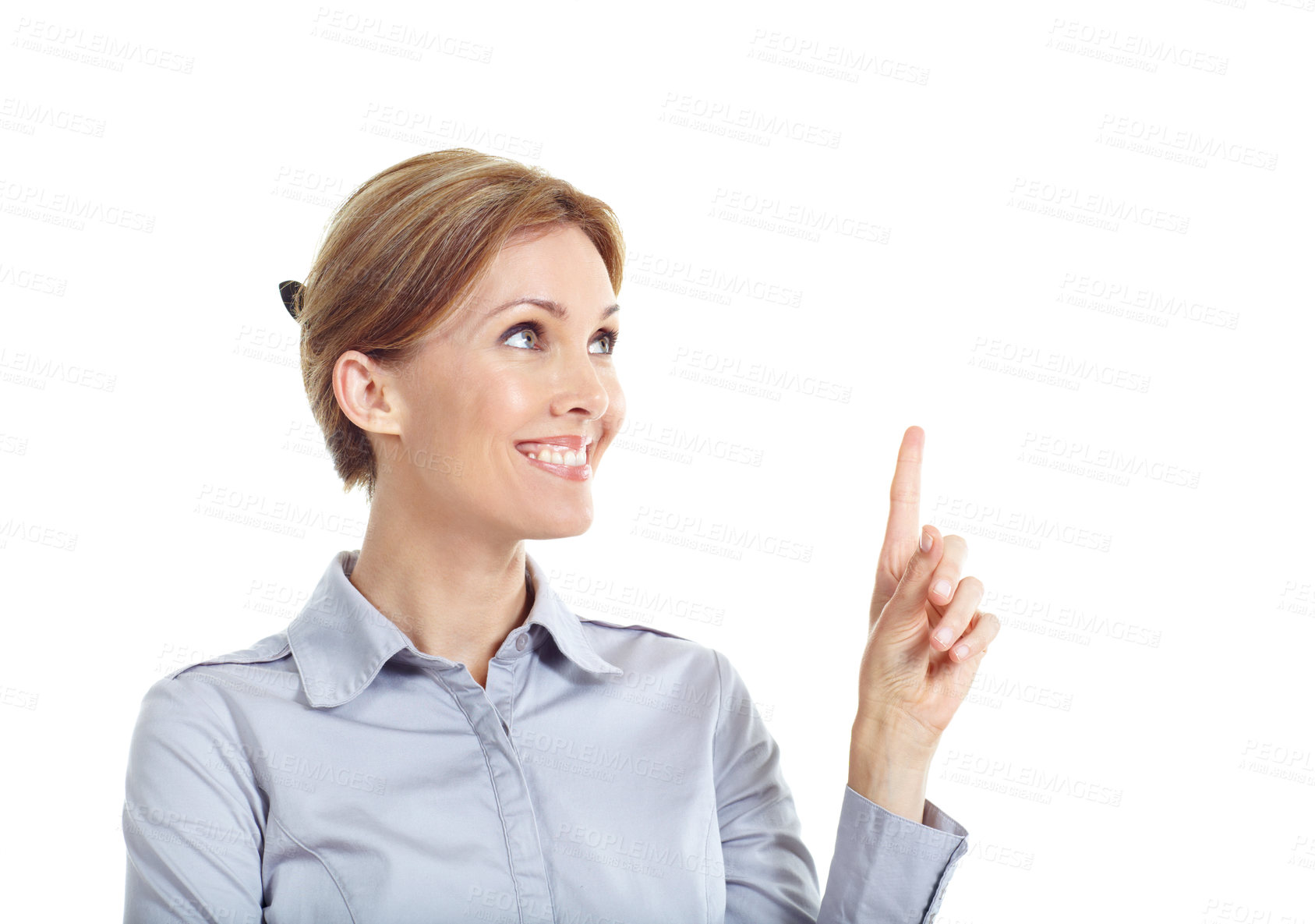 Buy stock photo Studio, pointing up and businesswoman by mockup space for marketing, ideas or option in career. Happy, professional and corporate employee with direction for decision or choice by white background.