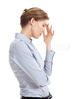 Buy stock photo Frustrated, woman or business stress with headache in studio for mistake on a white background. Upset, female person or disappointed with migraine or strain for pressure, fatigue or deadline on space