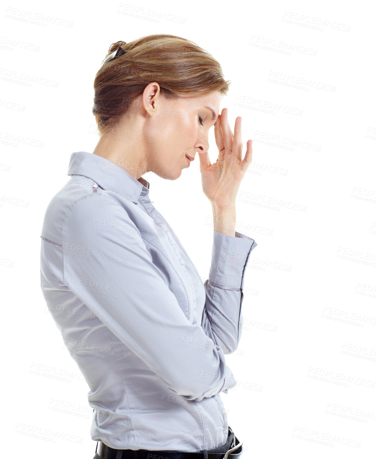 Buy stock photo Frustrated, woman or business stress with headache in studio for mistake on a white background. Upset, female person or disappointed with migraine or strain for pressure, fatigue or deadline on space