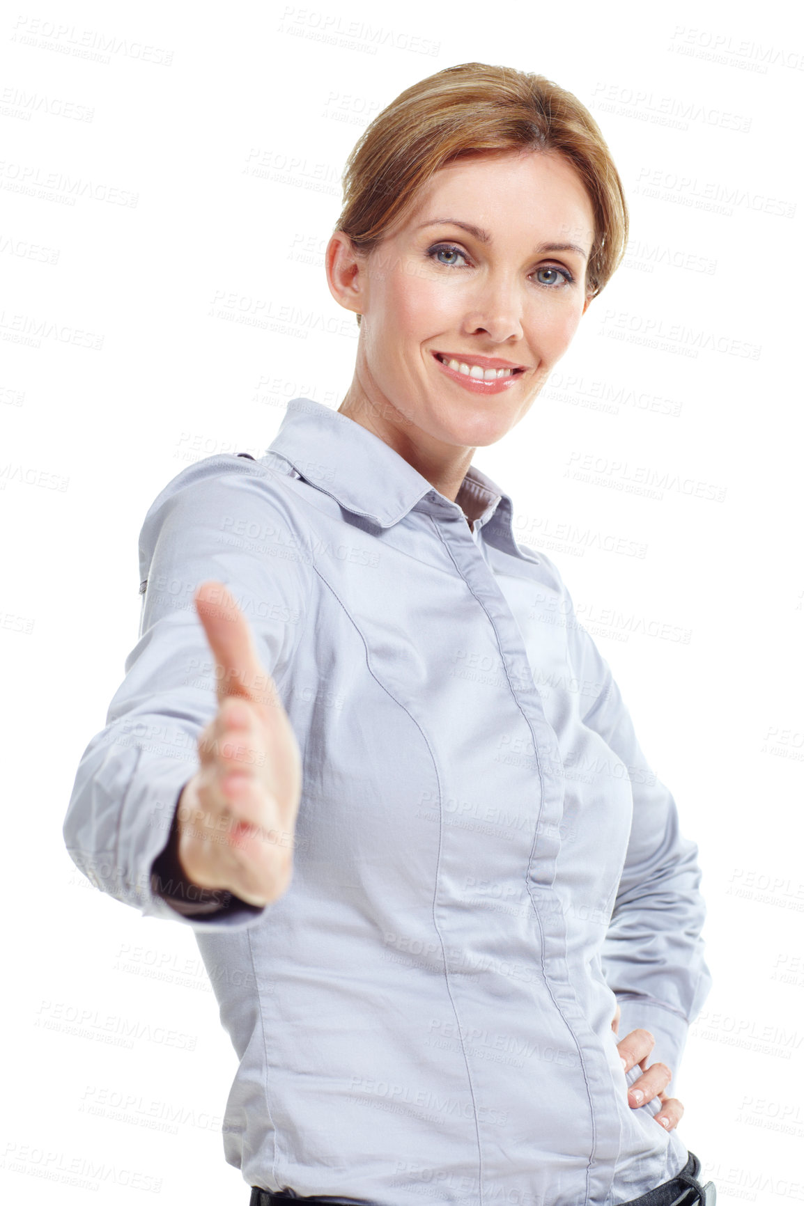 Buy stock photo Portrait, handshake and studio with happy woman for introduction or greeting on a white background. Female person, employee or shaking hands with smile for b2b agreement, business deal or partnership
