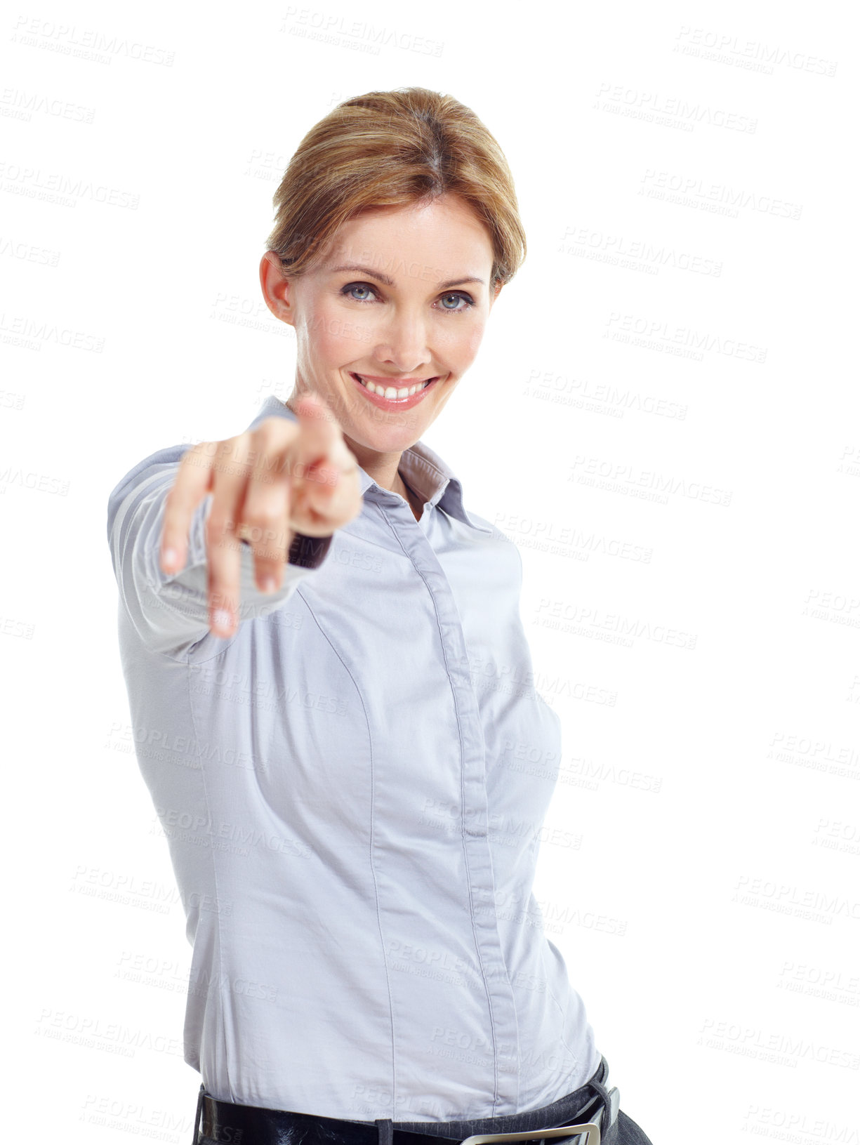 Buy stock photo Portrait, business and woman pointing in studio for recruitment, job offer and announcement. Smile, person and hand gesture for hiring welcome, promotion opportunity and selection on white background