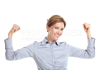 Buy stock photo Muscles, white background and portrait of business woman for success, empowerment and confidence. Corporate, happy and person with flex, strong arms and pride for career, leader and job in studio
