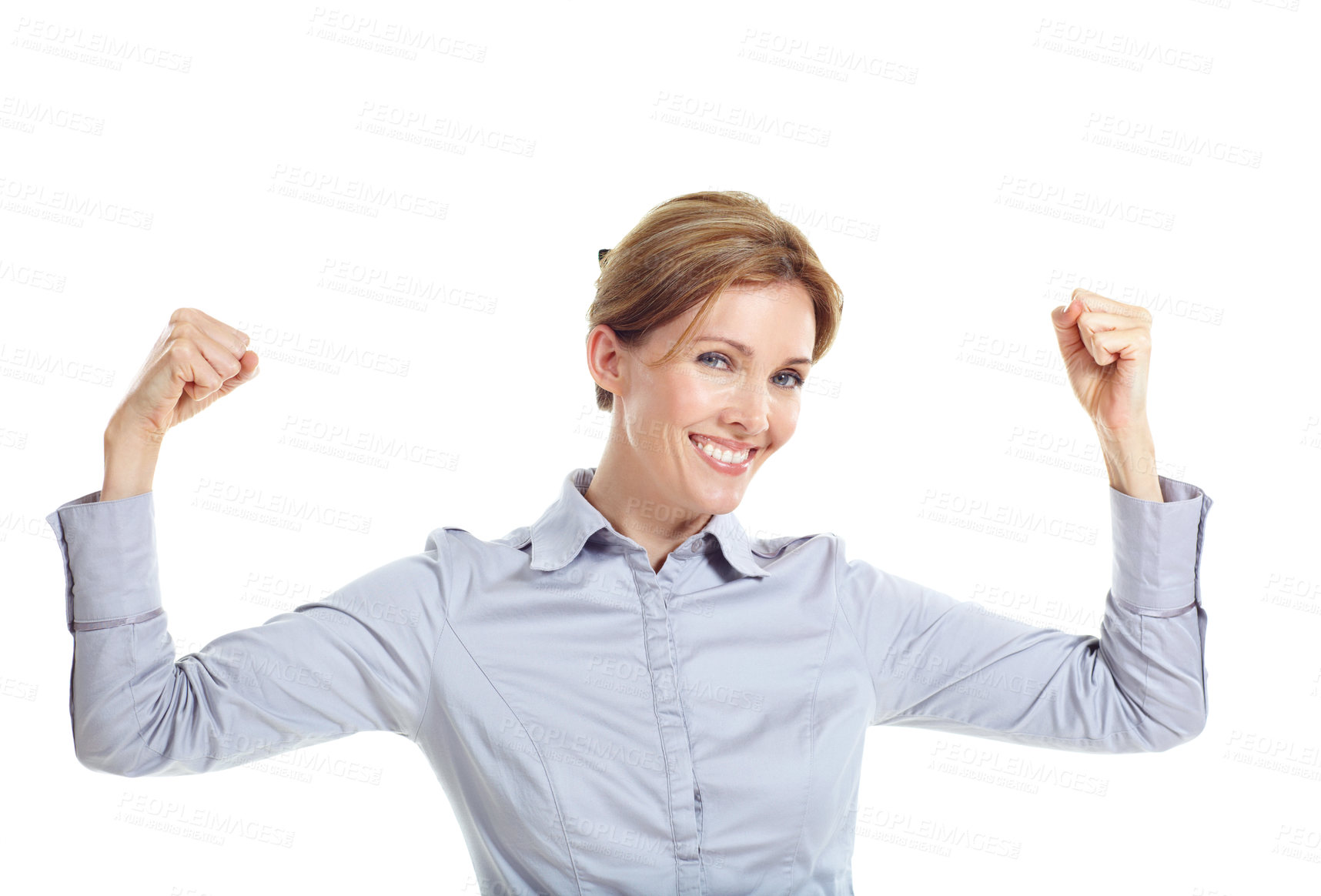 Buy stock photo Muscles, white background and portrait of business woman for success, empowerment and confidence. Corporate, happy and person with flex, strong arms and pride for career, leader and job in studio