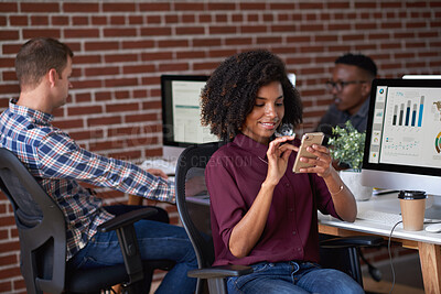 Buy stock photo Business, phone and woman in office, typing and online reading for social media campaign. People, mobile user and employee in workplace, app for subscription increase and review for homepage stats